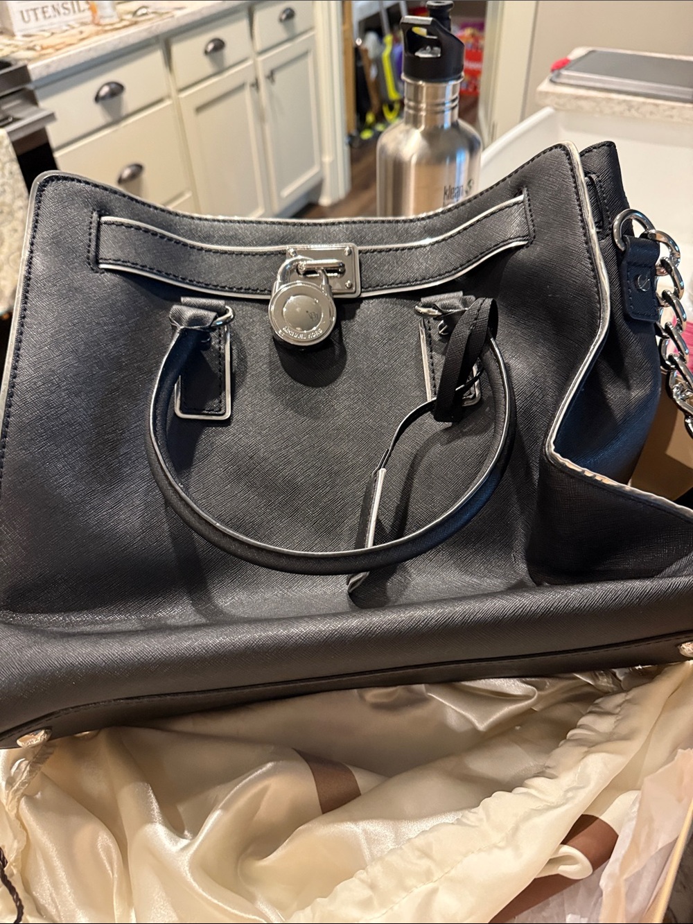Michael Kors Black Saffiano Satchel with Silver-Tone Hardware